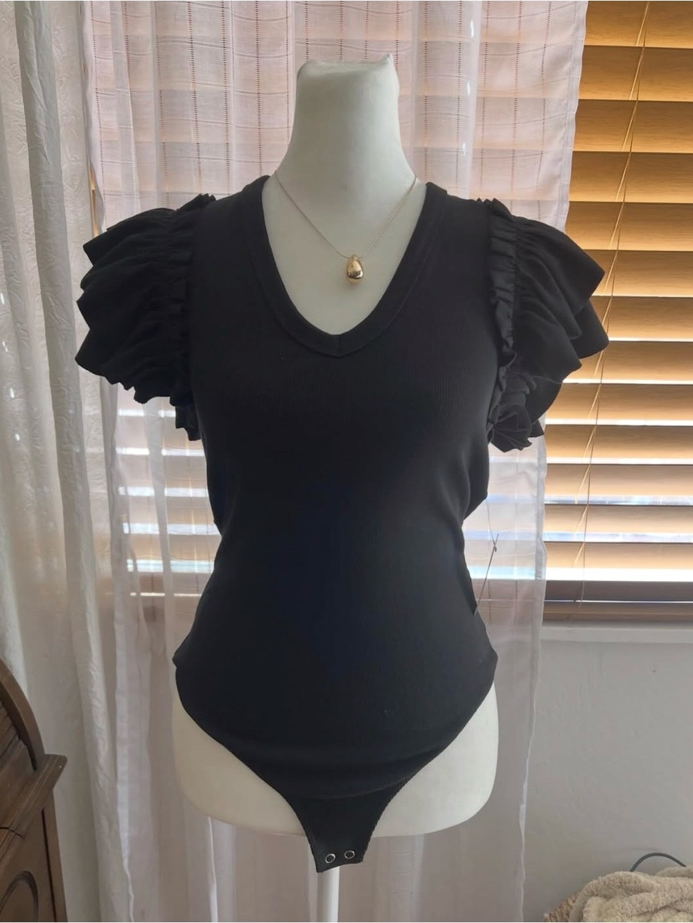Express Black Ruffled Sleeve V-Neck Bodysuit